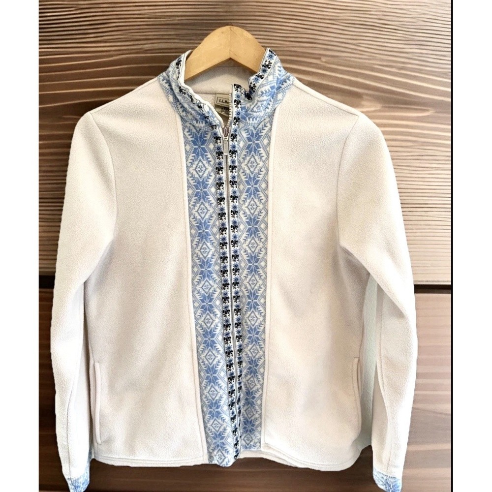 Vintage LL Bean Woman's Nordic Fair Isle Fleece Jacket Ivory With Snowflakes M